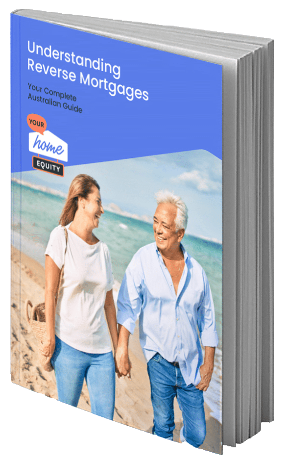 Australian reverse mortgage guidebook cover with seniors walking.